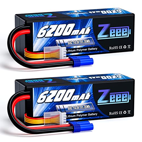 Zeee 4S Lipo Battery 6200mAh 14.8V 80C Hard Case Battery with EC5 Connector for Car Truck Tank RC Buggy Truggy Racing Hobby(2 Packs)