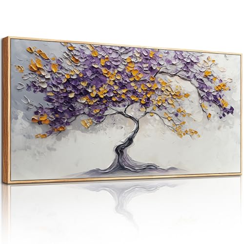 crmotu Tree of Life Framed Wall Art Large Artwork, Purple Gold Tree Abstract Art Prints, Nature Plant Aesthetic Canvas Art Wall Decor Living Room Bedroom, Zen Spiritual Home Decor Paintings 24x48inch