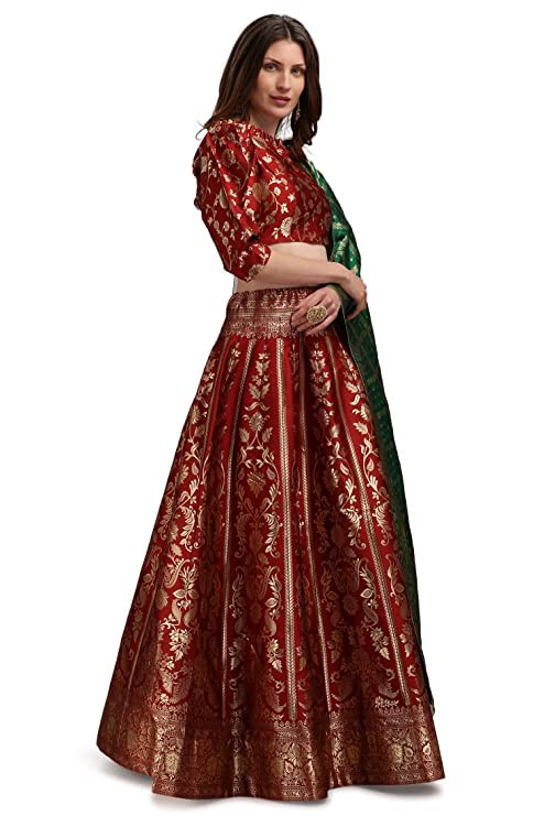 Damska sukienka żakardowa Lehenga Choli & Dupatta na wesele, dowolny rozmiar (Lehenga: częściowo szyta i bluzka: bez szycia)