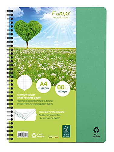 Forever 68402C Un Cahier à Spirale 100% Recyclé (une Marque de Clairefontaine) - A4 21x29,7 cm - 120 Pages Détachables Petits Carreaux - Papier Recyclé Blanc 90 g - Couverture Carte Recyclée