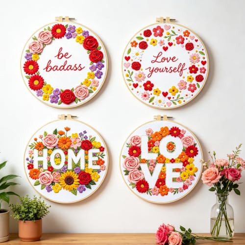 Image of INFUNLY 4pcs Wreath Words Embroidery Kit for Beginners Floral Cross Stitch Kits with Pre-Printed Patterns 11.6x11.6inch Embroidery Starter Kit with 14 Colors Thread for DIY Craft Lovers