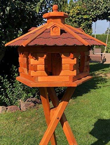 Comedero para pájaros (tamaño XL, madera con soporte), color marrón y rojo
