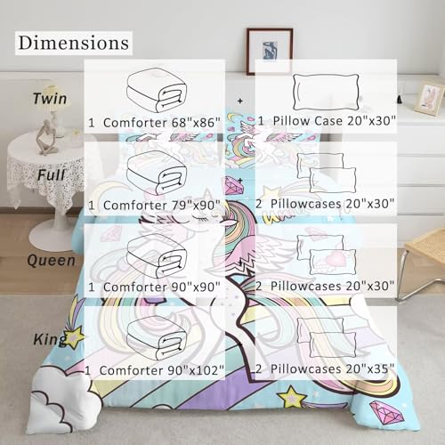 Image of Rainbow Unicorn Comforter Set Full Size Blue Unicorn Kids Bedding Sets for Girls Boys Teens Bedroom Decor Kawaii Cartoon Quilt 1 Comforter 2 Pillowcases