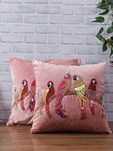 Image of eyda Hand Beaded Sequin Cushion Covers With Zipper,Pack Of 2,18X18 Inches,Soft Velvet Sleeping Pillow Covers,Decorative Throw Cushion Covers,Square Cushion Cover For Sofa,Bed,Couch,200 TC,Peach