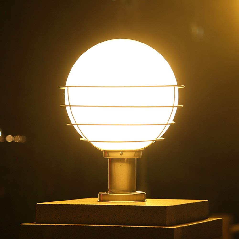 Columna de bola de acero inoxidable Bola redonda Luz de pilar de jardín impermeable al aire libre E27 Luz de poste de acrílico blanco Césped Patio Paisaje Jardín Soporte Linterna Lámpara de exterior