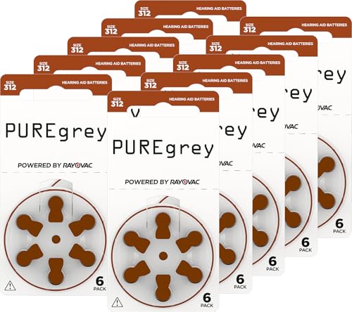 PUREgrey - Pilas para audífonos tipo 312-60 unidades diseñadas para el máximo rendimiento, paquete de 10 blísteres de 6 pilas para audífonos, código de color marrón PR41, 1,45 V
