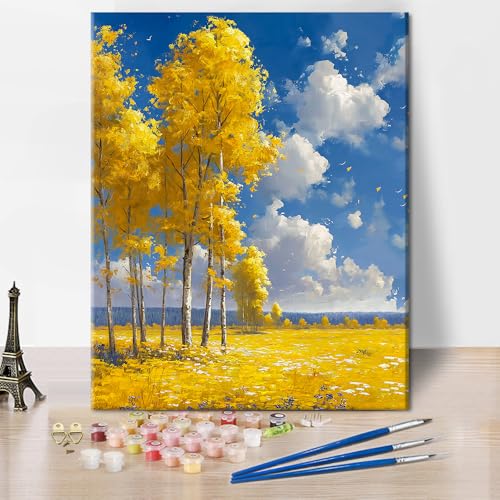 TISHIRON Malen nach Zahlen Birkenwald DIY Malen nach Zahlen für Erwachsene Kinder Gelbe Bäume Malen nach Zahlen Kits auf Leinwand mit Pinseln für Home Wall Decor 40 x 50 cm(rahmenlos)