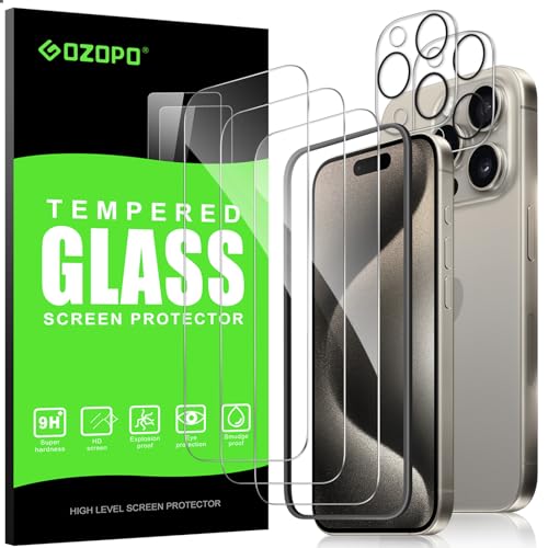 GOZOPO para iPhone 15 Pro (6,1 Pulgadas), 3-Películas Protectoras Pantalla + 2-Películas Protectoras Lente, Transparente de Alta Definición, Dureza 9h, Sin Burbujas
