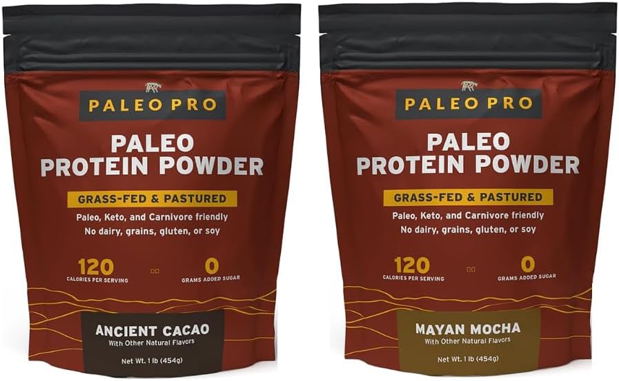 PaleoPro Protein Powder Grass-Fed, Pastured, Cage-Free Protein | Gluten Free, Dairy Free. No Sugar, Soy, Grains or Net Carbs | Paleo & Keto Friendly - Ancient Cacao & Mayan Mocha, 16 oz Each