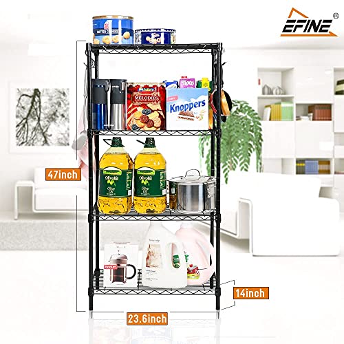 Efine 4-Shelf Shelving Unit With 8 Hooks And 4-Shelf Liners, Nsf Certified, Adjustable Metal Wire Shelves, Shelving Rack And Storage For Kitchen Laundry Bathroom Pantry Closet(23.6W X 14D X 47H) Black #TOP2