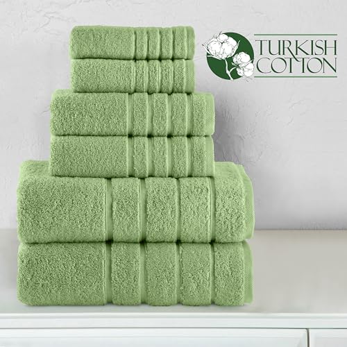 Image of Elegant Comfort 4 Lines Viscose Stripe 6-Piece Premium Towel Set - 100% Turkish Cotton High Absorbent Luxury Bathroom Towels - Includes 2 Washcloths, 2 Hand Towels and 2 Bath Towels Set, Sage