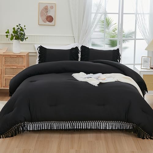Image of Andency Black Full Size Comforter Set, 3 Pieces Boho Tassel Lightweight Soft Bedding Comforter Sets, All Season Fluffy Fringe Bed Set (79x90In Comforter & 2 Pillowcases)