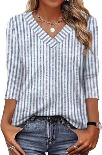 3/4 Length Sleeve Womens Tops V Neck Striped Shirt Womens Clothing Work Blouses Loose Fit Dressy Business Casual Outfits Plus Size Fall Fashion Deals XXL