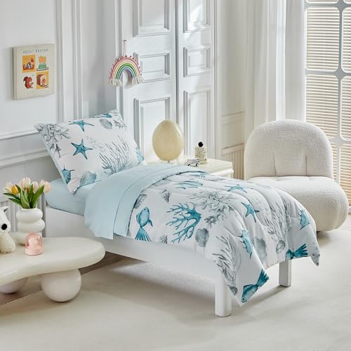 Image of White Toddler Bedding Set for Boys Girls Water Blue Colorful Ocean Starfish Shell Aquatic Plant 4PC Toddler Bed Set - Soft Blue Cute Toddler White Bed in a Bag with Sheet Set and Pillow Shams