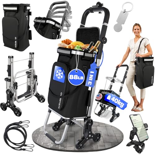 Folding Cart With Wheels Waterproof 88 lb, Phone Support & Elastic Ropes for Grocery Shopping – Grocery Cart On Wheels Foldable - Carts With Wheels For Groceries, Shopping Carts For Groceries Foldable