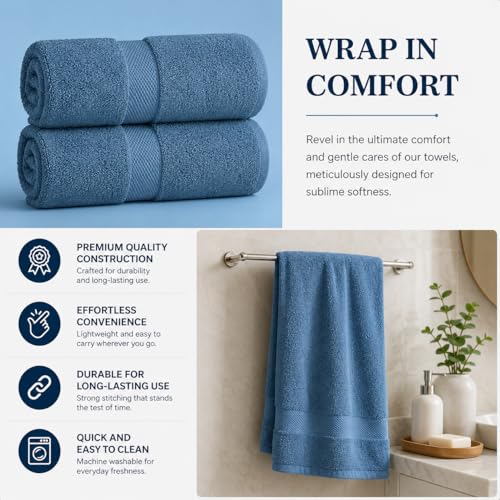 Image of Sulfar 100% Combed Cotton, Quick Drying Highly Absorbent, Luxury Hand Towel Set (Pack of 2, 40 X 70 cm) Dark Blue
