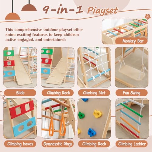 Image of 9-in-1 Indoor Jungle Gym, Natural Wood Kids Playset