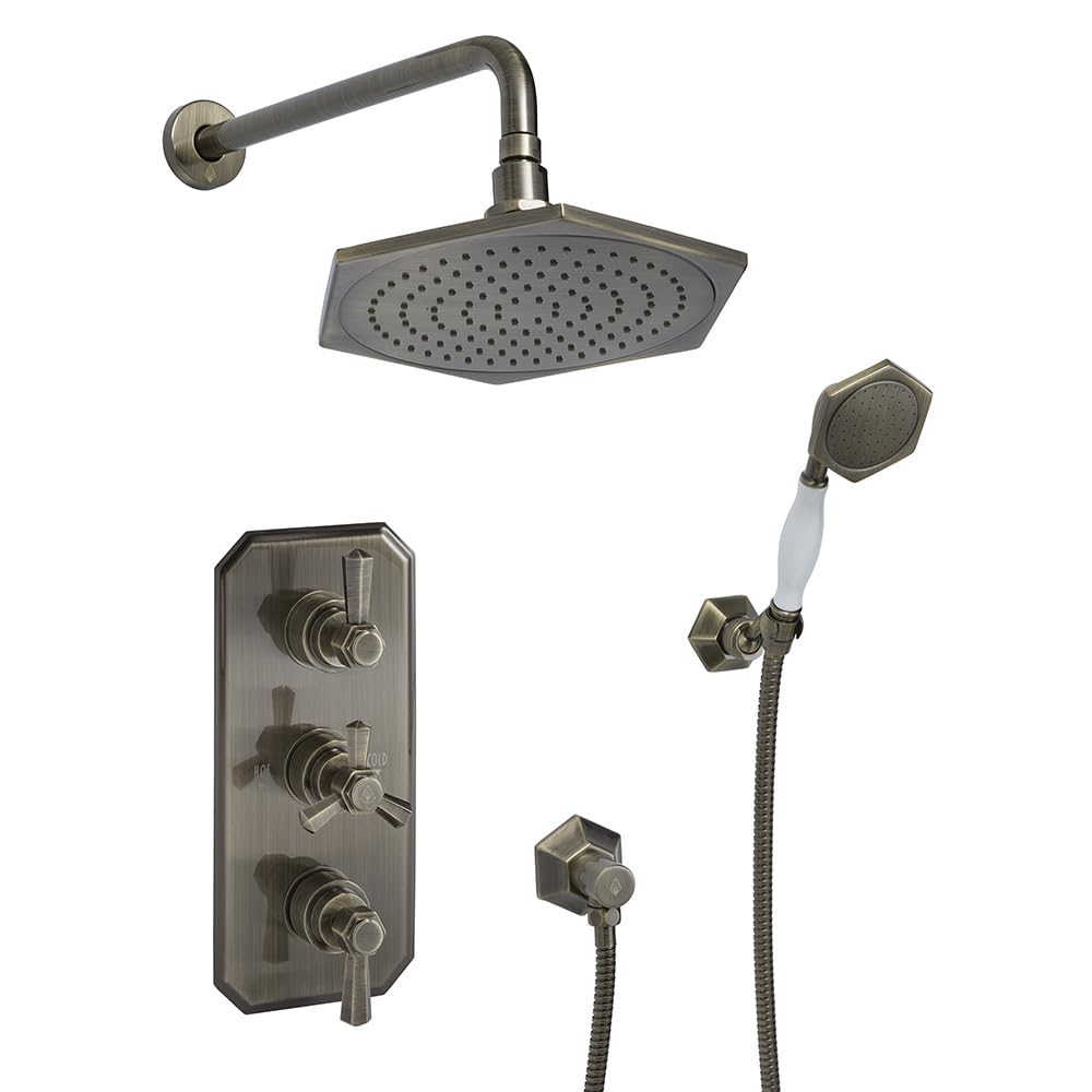 Milano Earlham Aged Gold Art Deco Triple Thermostatic Mixer Valve Shower Head Handset