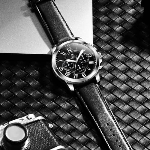 Leather Watches for Men Waterproof Mens Watches Leather Strap Wrist Watches for Men Luxury Analog Silver Quartz Vintage Business Casual Dress Big Men's Watch Classic with Day Date3