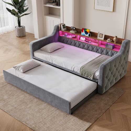 Sofá cama de 90x190 de terciopelo gris oscuro con cabecero de madera estructurado 2