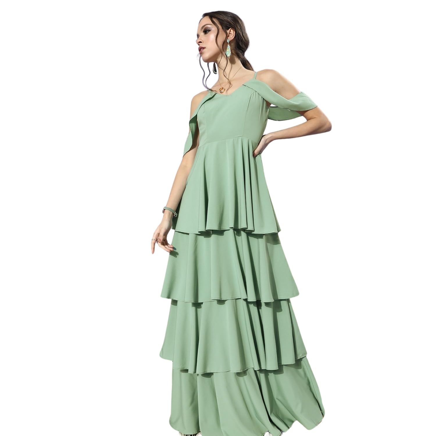 Berrylush Women's Solid Layered Ruffle Gown | Cold Shoulder Floor-Length Dress for Party, Wedding in neutral
