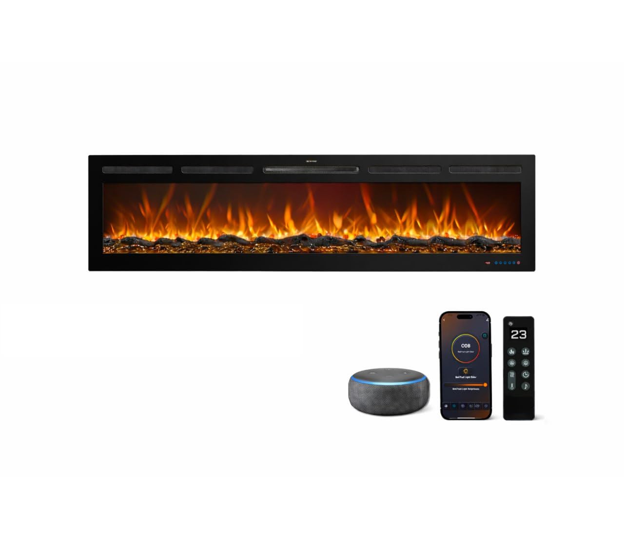 Chimenea Eléctrica Galaxy Pro con WiFi, Alexa y Google Home | Empotrar, Pared o de Pie | 750/1500W | 13 Colores Llama LED | 5 Niveles de Brillo | Sonido Crepitante | Sin Humo | Termostato | 152 cm