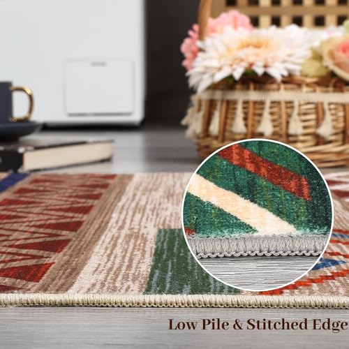 GarveeHome Vintage Living Room Rug 8x10 Beige Area Rugs Machine Washable Geometric Patchwork Carpet, Non-Slip Non-Shedding Foldable Tribal Floor Cover for Bedroom, Classroom, Dining Room, Kid Playroom