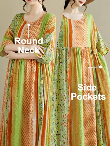 Image of Women Summer Dress with Pockets Plus Size Boho Floral Print Round Neck Loose Casual Flowy Dress