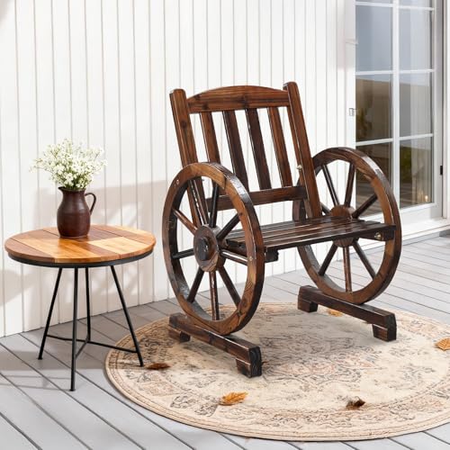 Image of VINGLI Rustic Wooden Wheel Bench Outdoor Bench, Patio Bench Wagon Slatted Seat, Garden Benches for Outdoors 350lbs High Capacity, Weather Resistance (Rustic, 23in)
