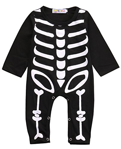RTGSE Traje de Halloween para niños pequeños y niñas, suéter de Manga Larga con Esqueleto, Mono con Sombrero, Disfraz de Calavera para niños pequeños (Black Skeleton, 0-6 Months)