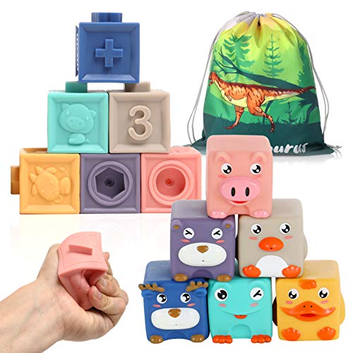 Baby Blocks, Soft Stacking Building Blocks for 6 to 12 Months Toddlers Boys & Girls, Safe Teething Chewing Shower Blocks, Early Learning Textured Squeeze and Stack Tool, Sensory Toy Set 12pcs