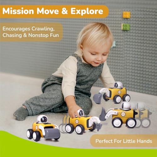 Image of R for Rabbit Orapple Rover Push and Play Mini Construction Vehicle Set for Kids | Non-Toxic BPA Free 4 Pcs Road Roller, Bulldozer, Drill Crusher & Excavator Baby Toy Car Combo (Yellow Black)
