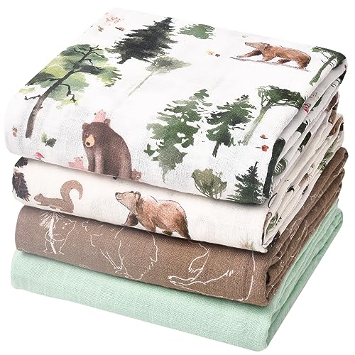 david's kids 4 Pack Baby Muslin Swaddle Blankets, 100% Cotton and Ultra Soft Breathable Receiving Blanket Wrap for Boys Girls, New Born Essentials, Large 47 x 47 inches, Woodland Animals/Green