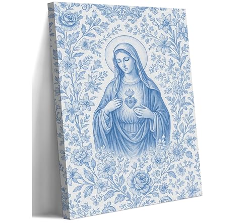 Blue Virgin Mary Immaculate Heart Canvas Wall Art Christian Catholic Wall Decor Our Lady of Guadalupe Portrait Poster Prints Religious Bible Artwork for Living Room Prayer Room Church 12x16in