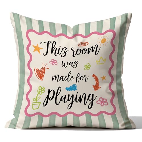 YZRHQ Kids Playroom Decor, Boho Sage Green Striped Pillow Cover 18x18 Double-Sided, This Room was Made for Playing Decorative Pillowcase Throw Pillow Cover for Kids Room Playroom Nursery