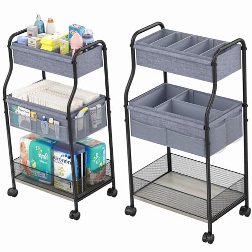 3-Tier Baby Diaper Caddy Organizer and Storage Cart, Mobile Metal