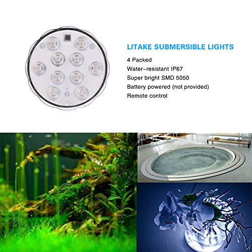 Litake Submersible LED Lights Waterproof Underwater Led Light Battery Operated Pool Lights for Fountain Vase Pond Fish Tank Hot Tub Aquarium Halloween 4 Packs+2 Remotes