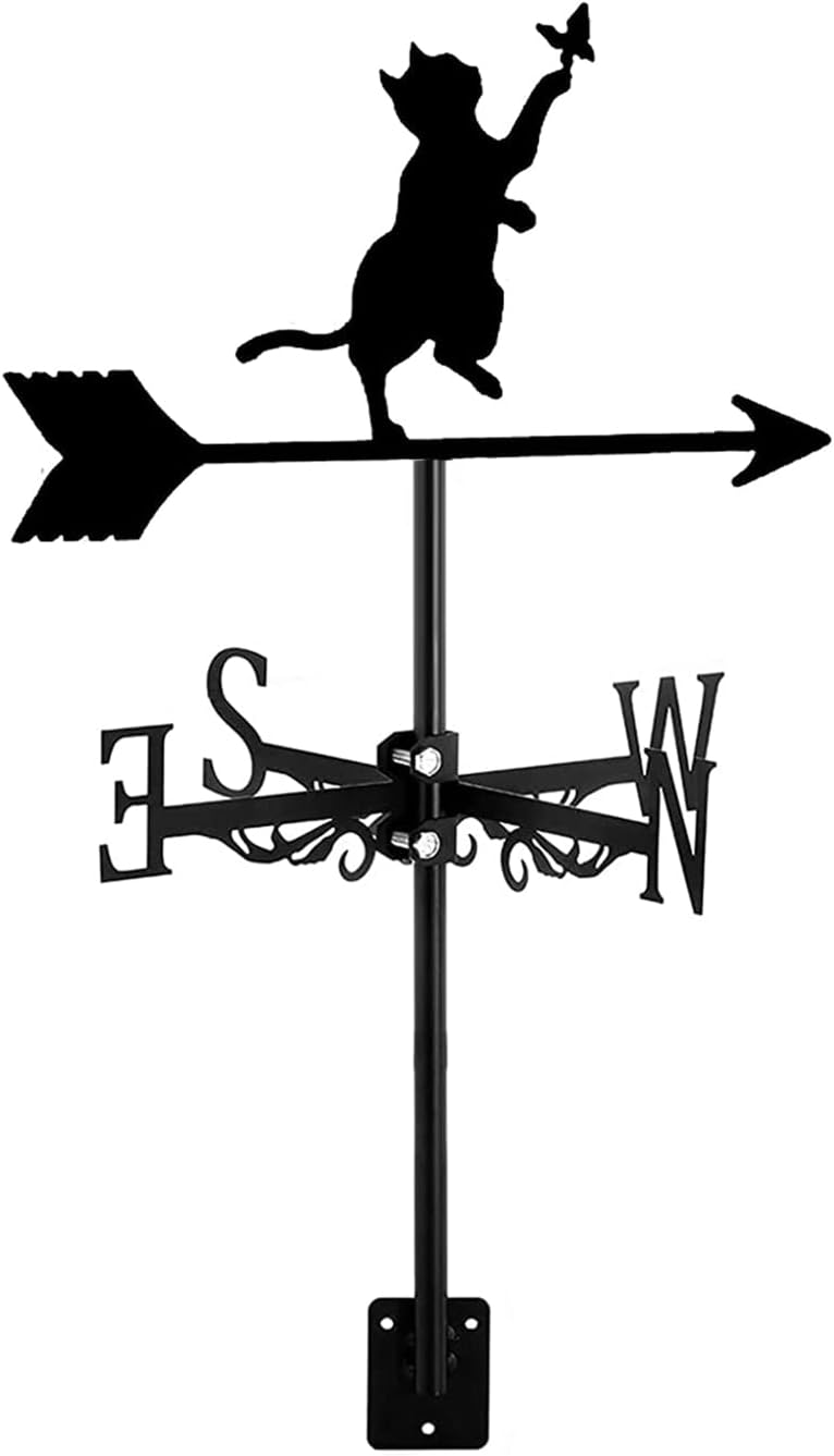 Weathervane with Farm Iron Cat Ornament Shaped Weather Vane Wind Direction Indicator, Yard Roofs Measuring Tools Outdoor Garden Decoration,Cat~d