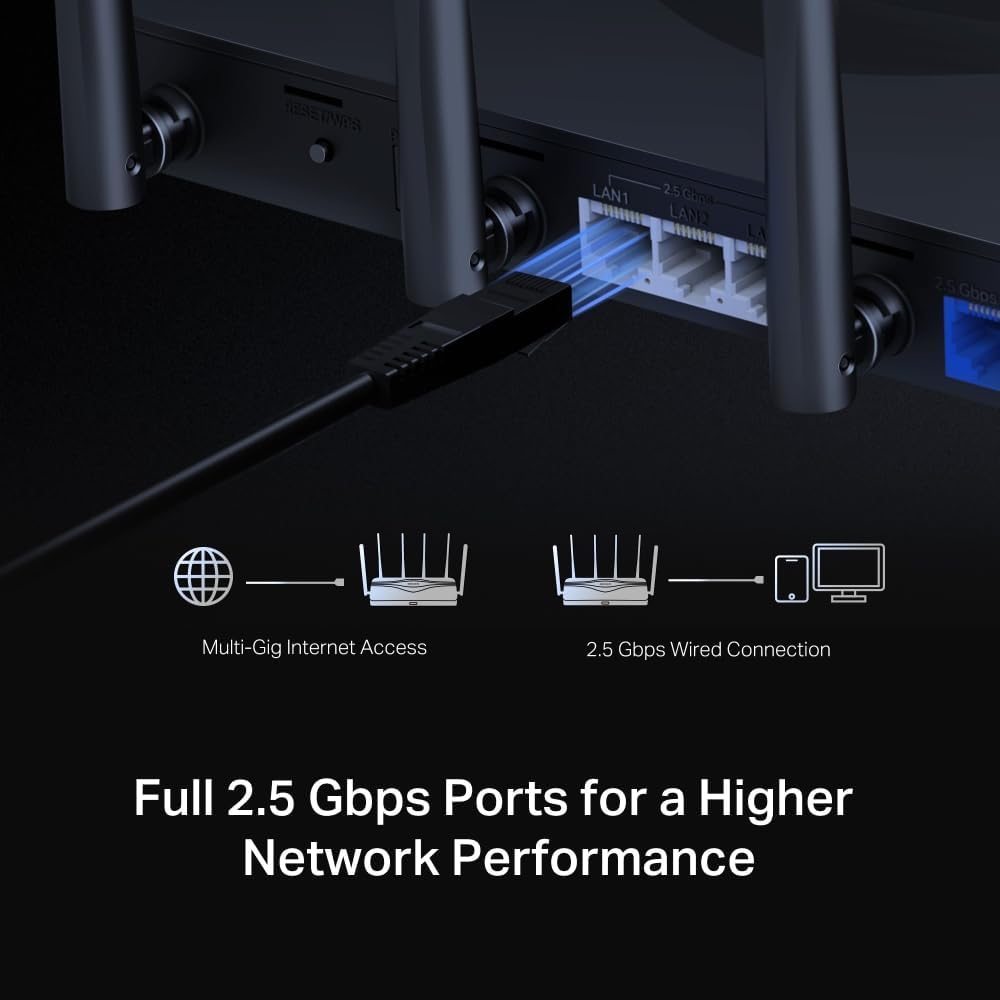 Close-up illustration of the 2.5 Gbps LAN and WAN ports on the Mercusys BE9300 router, showing an Ethernet cable connected to a LAN port.