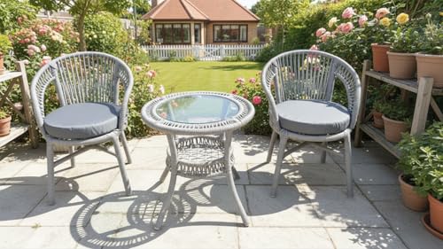 Image of India 3 Piece Outdoor Rope Patio Set with Glass Top Table & Water Resistant Cushions for Garden, Deck, Lawn, Poolside