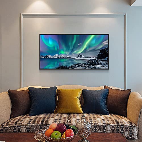 Mhartk66 Blue Aurora Scenery Canvas Pictures Artwork Framed Canvas Wall Art For Living Room Large Size Wall Decor For Office Wall Painting Bedroom Wall Decorations Ready To Hang Black Framed 20" X 40" #TOP4