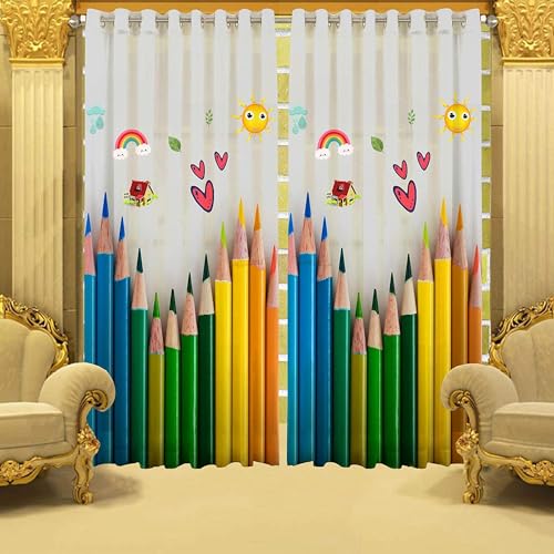 Image of 3D Printed Cartoon Curtains for Kids Room Play School Curtains for Door 7 feet Curtain Set of 1 Pcs, Pencil Colors