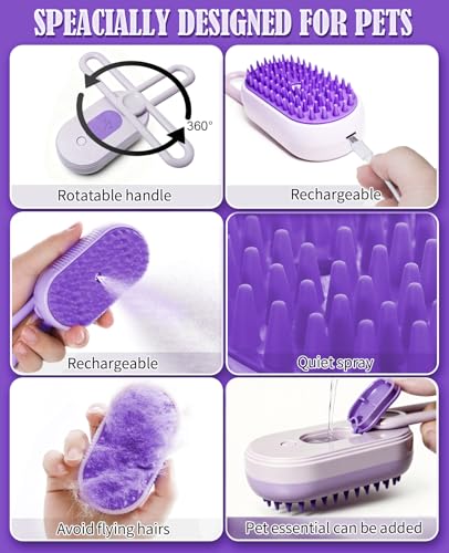 Image of Cat Steam Brush for Shedding - 3 in 1 Pet Steam Brush for Dogs and Cats - Adjustable Dog Steamy Brushes for Grooming and Massage, Removing Tangled and Loose Hair (Purple)