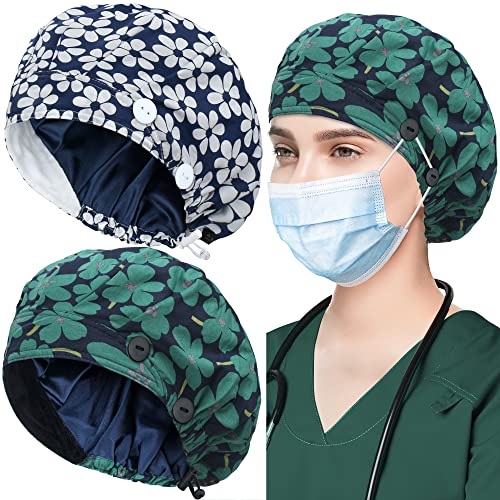ABAMERICA 2 Pack Bouffant Caps with Button and Sweatband, Adjustable Scrub Caps for Women Men, One Size Multi Color A-88 2pack Satin Lined Navy & Green Floral Satin Lined
