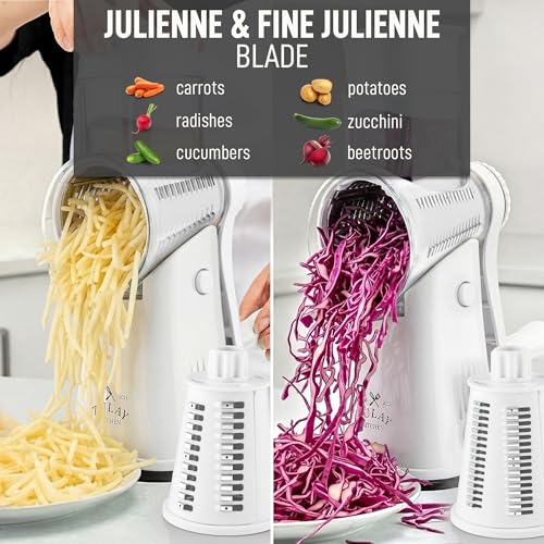 Image of Zulay Kitchen Rotary Cheese Grater 5 Blade Cheese Shredder - Manual Hand Crank Cheese Grater With Reinforced Suction & 5 Interchangeable Drums - Easy to Use, Vegetable Chopper Round Mandoline Slicer
