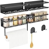 OROPY 4 Pack Magnetic Spice Racks with Paper Towel Holder, Metal Kitchen Spice Organizer Shelf for Refrigerator，Strong Magnetic Fridge Shelf with Hooks