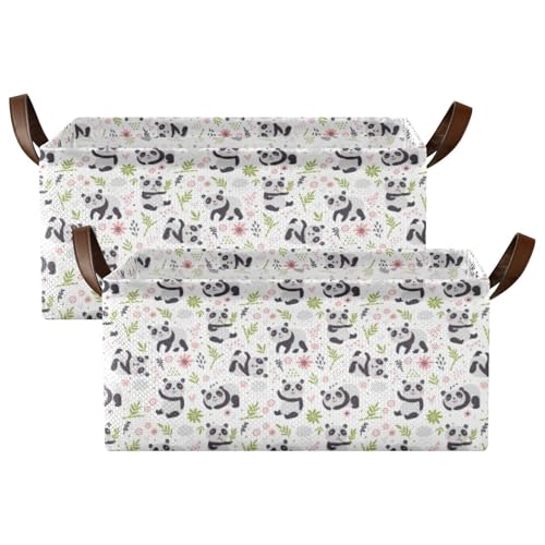 Fygkptb Seamless Pandas and Green Floral Flowers on White 2 PC Rectangle Foldable Frame Basket Leather Handles Storage Bin for Laundry Bathroom Organizer 16.9 x 11.4 x 7.7 inch