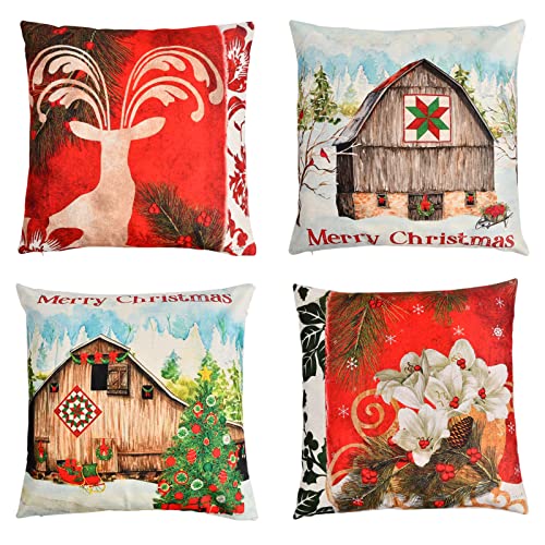 wiksite Lot de 4 housses de coussin de Noël 45 x 45 cm - Pour canapé en lin - Avec motif de Noël - Pour la maison, la chambre à coucher Cover
