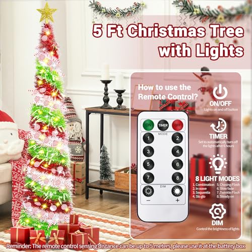 HISFFOG 5FT Pop Up Christmas Tree with 8 Rmote Lights Modes - 3 Color Sequin Tinsel Christmas Tree, Collapsible Artificial Pencil Christmas Trees Decorations for Home, Apartment, Office, Party - image 5