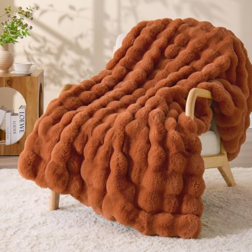 Image of BEDELITE Faux Fur Throw Bubble Blanket for Couch, 50 inch x 60 inch, Burnt Orange